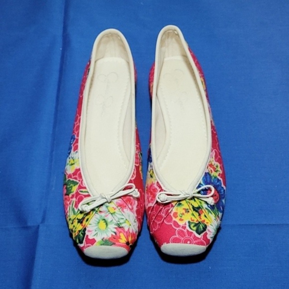 Jessica Simpson Floral Ballet Flats Red Multi Color Bow Slip On Shoes 7.5 c5